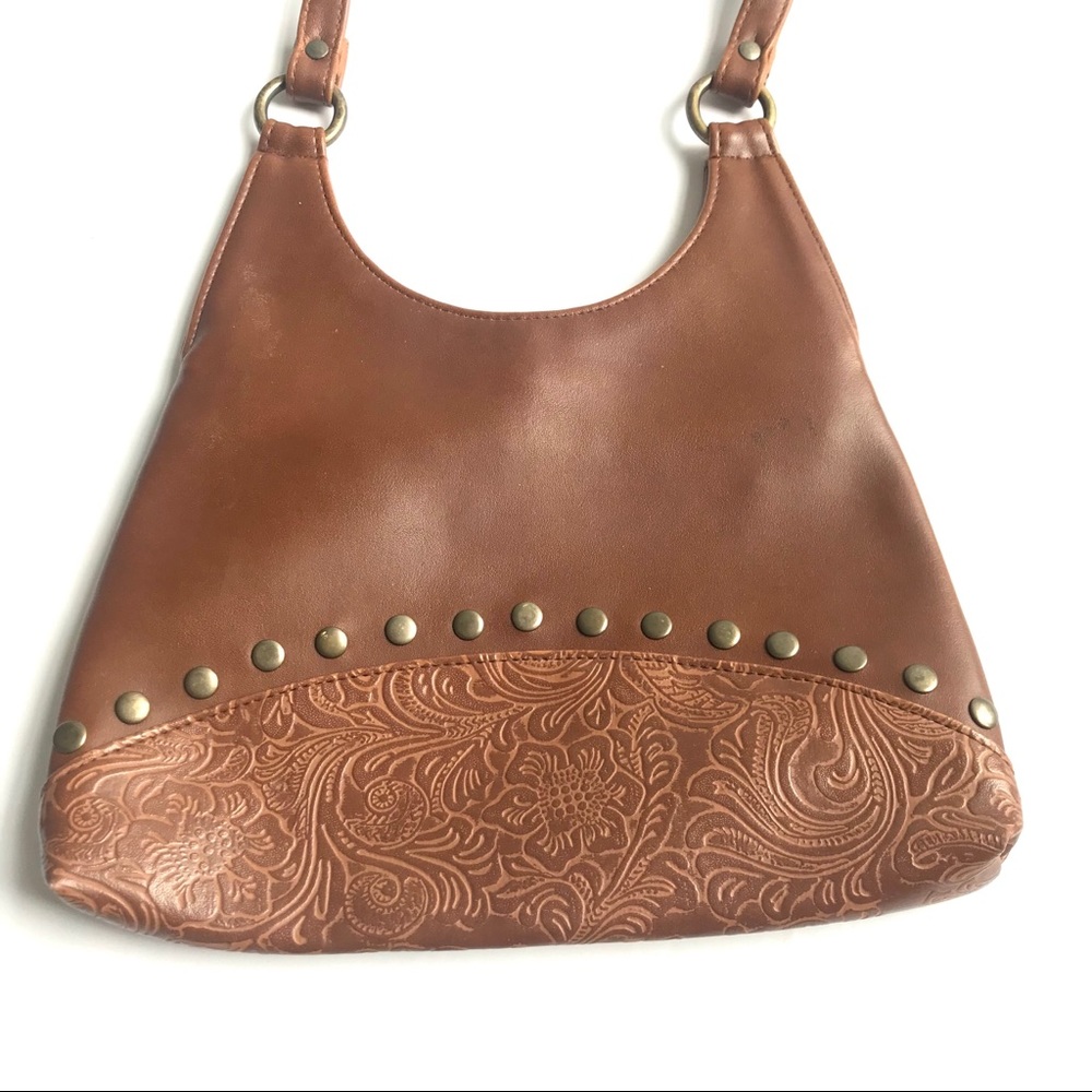 Brown vegan shoulder bag with floral emboss/ studs - Picture 3 of 7